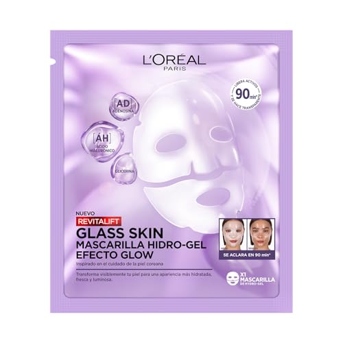 L’Oréal Paris Revitalift Glass Skin Mascarilla Hidrogel 1 pza EFECTO GLOW EN 90 MIN, Hidratación Profunda con Centella Asiática y Ácido...
