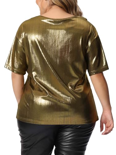 Agnes Orinda Plus Size Metallic Tops for Women Round Neck Short Sleeve Party Shirts Disco Blouses Sparkly Tee Top4