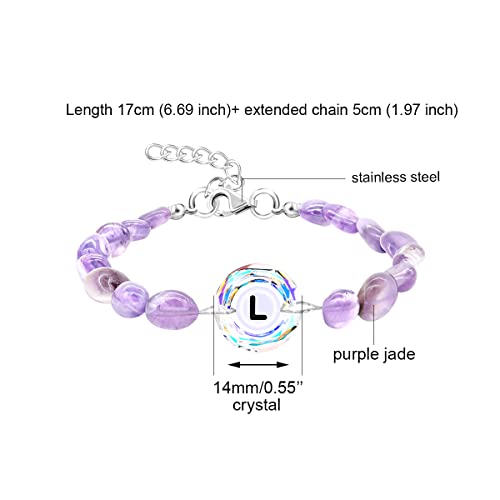 Image of Uloveido Purple Natural Stone and Austrian Crystal Letter Bracelet, Personalized Initial Jewelry for Women A-Z 26 Letters