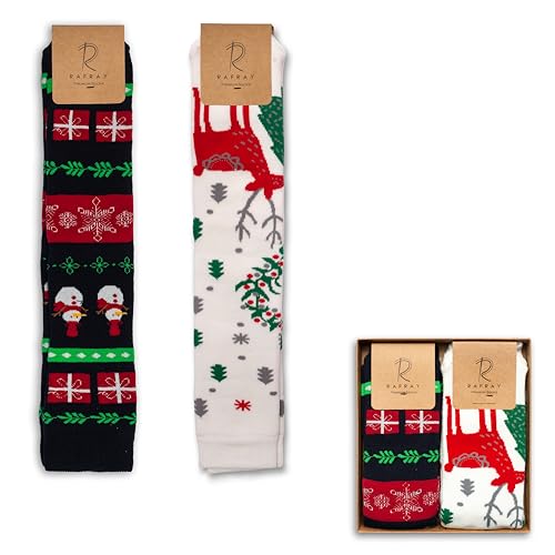 Image of RAFRAY Women's Christmas Socks - Cozy Calf-Length Winter Socks with Snowman & Reindeer - Gift Box - 2 Pairs - Size 5-9.5