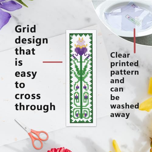 Image of INFUNLY 6 Sets Retro Plant Flowers Cross Stitch Bookmark Kits for Beginners 22*8cm DIY Stamped Embroidery Bookmarks Kits with Instruction Full Kit of Handmade Cross Stitch Bookmark for Reader Lovers