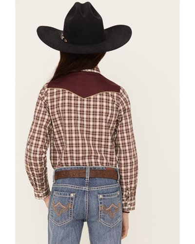 GIRLS LONG SLEEVE SNAP WINE CREAM TAN SMALL SCALE PLAID WESTERN SHIRT4