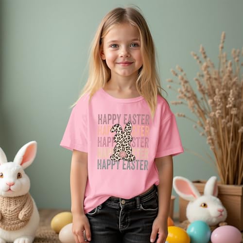 Image of Kid Girls Easter Shirts Happy Easter T-Shirt Funny Leopard Bunny Outfit Short Sleeve Tees Tops Holiday Clothes 7-12Y
