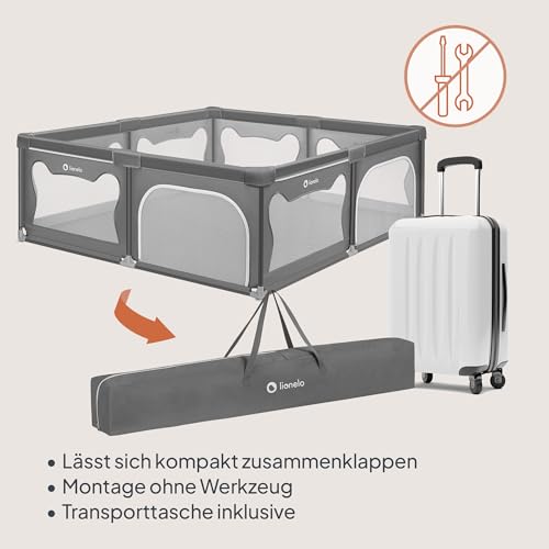 LIONELO WILLOW XL Laufgitter Baby, ab 0-48 Monaten große Fläche 187 cm x 207 cm x 68 cm, Laufgitter Baby mit Seitenwände aus atmungsaktiven Netzstoff, 2 Seitliche Eingänge mit einem Reißverschluss