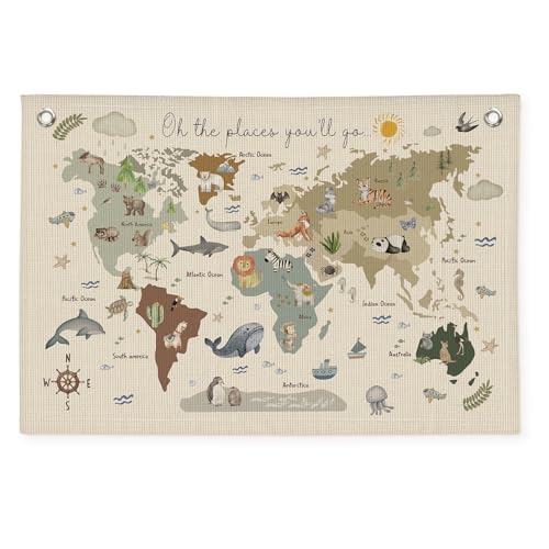 Image of Wheatwin Playroom Decor, World Map Banner for Kids, World Maps for Wall, World Map Cute Animal Tapestry Wall Hanging Banner Flag Decor for Kids Room Classroom Nursery Homeschool 20x30 (Updated)