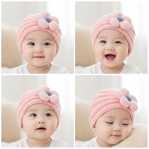 Image of SYGA Baby Cap Flower Wool Warm Knitted Streachable Hat Infant Toddler Baby Cap 0-3 Years