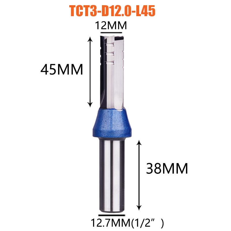 Frez do przycinania TCT 1 szt., trzpień 1/2, 3 ostrza, prosty frez węglikowy sklejki, płyty wiórowej, MDF, drewna(TCT3-D12.0-L45)