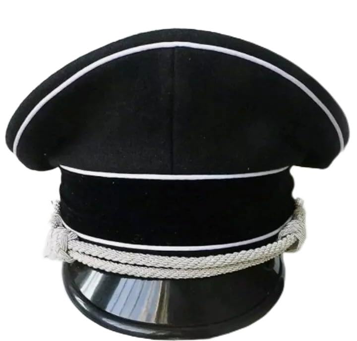 WW2 German Officer Hat Crusher Cap – Black Wool Military Replica | Silver Chin Cord | WWII Army Uniform Hat | Reenactment Costume Cap (58 cm)