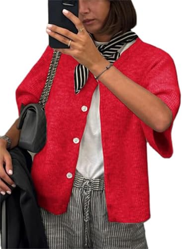 Image of Women's Cardigans Short Sleeve Button Down Cardigan Sweater Y2k Knitted Crop Shirt Top