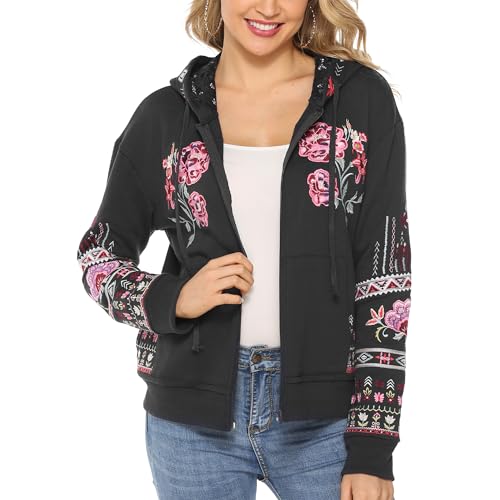 gosiea Bohemian Embroidered Jacket for Women Mexican Floral Full Zip