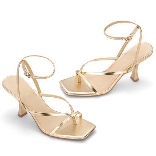 Image of Carcuume Womens Kitten Heels Square Toe Thong Strappy Ankle Strap Stiletto Heel Sandals