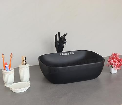 Image of CLUSTER Designer Table Top Wash Basin For Bathroom | Ceramic Bathroom Sink | Over Counter Wash Basin for Hotel, Resturent (18x13x6 Inch) (Matt Super Black)