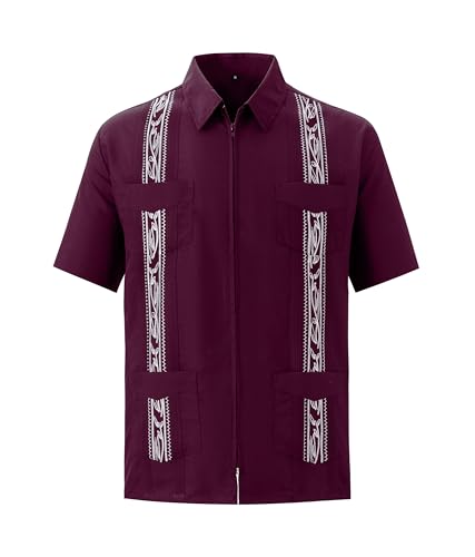 Men's Short Sleeve Guayabera Shirts for Men Cuban Zipper Casual Cotton Beach Tops with Pockets