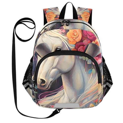 Kid's Backpack for Boys & Girls Toddler Bag Flower Horse Backpack with Safety Leash
