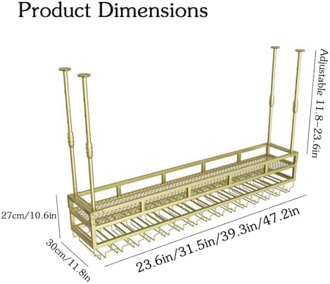 Industrial Hanging Wine Glass Rack - Adjustable Hanging 2 Layer Wine Bottle & Glass Holder, Iron Bar Liquor Metal Ceiling Shelf Organizer with Storage for Bar, Kitchen, Cafe(Gold,23.6in)