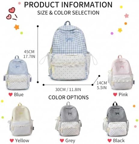 Coquette Polka Dot Backpack with Lace Trim (GRAY, B plaid backpack) - 5