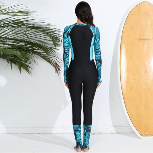 Odizli Neoprenanzug Damen Badeanzug mit Bein Cups Schwimmanzug Burkini Muslim Muslimische Frauen Langarm Reißverschluss Lang Rashguard Bademode Surfanzug Sun Permeable Swimsuit Schwarz Grün L