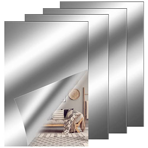 QESSUVNC 4 Stücke Spiegelfolie Selbstklebend Spiegel, Flexibler Klebespiegel Nicht Glas Spiegelfliesen Selbstklebend Fliesenspiegel Wandaufkleber für DIY Hause Badezimmer Wanddekoration (4 x 6 Zoll)