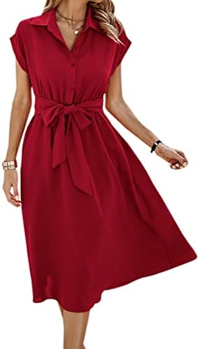 ECOWISH Womens Casual Midi Dresses Solid V Neck Short Sleeve Shirt Dress with Pockets for Spring Summer 2023 Red M