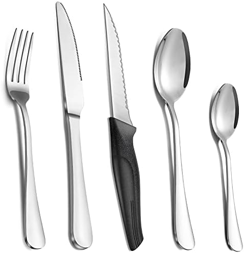 20 Piece Cutlery Set, Pleafind 16 Piece Cutlery Set with 4 Steak Knives, Silverware Set Service for 4, Stainless Steel Knife and Fork Set, Mirror Polished Flatware Set, Dishwasher Safe