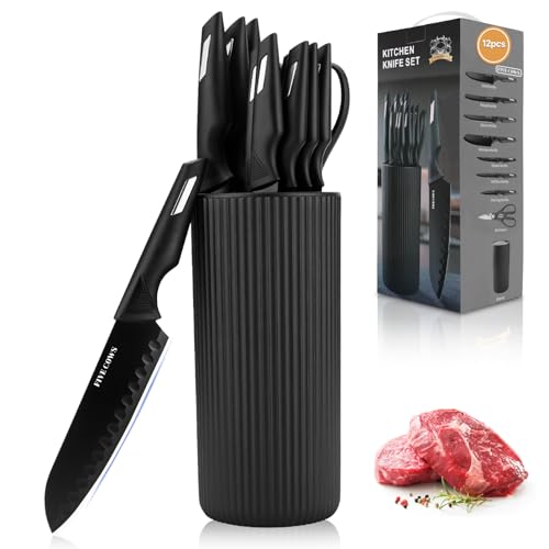 Knife Set,12-Piece Premium Kitchen Knife Set with Universal Knives Block,Anti-Rust Non-Stick High-Carbon Stainless Steel Extra-Sharp Chef Knives for Kitchen,Dishwasher Safe,Non-slip Ergonomic Handle