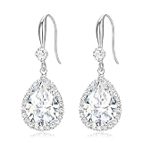 EVER FAITH Wedding Dangle Drop Earring for Bride, Elegant Birthstone Cubic Zirconia Teardrop Party Prom Round CZ Fish Hook Earrings for Women Clear Silver-Tone