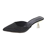 Yiozoi Flashing Rhinestones Slide on Mule Shoes, Suitable for Women, Low Thin High Heels, Closed Pointed Toes, Suitable for Party Mule Pumps Black