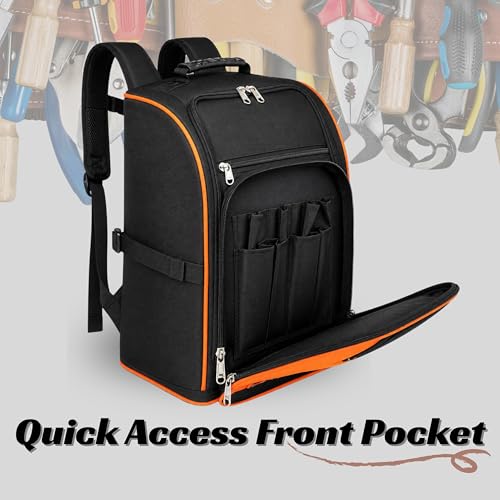 Image of PAHAL Professional Tool Backpack Heavy Duty, Large Capacity Multi-Pocket Backpack for Electrician, Technician, Carpenter, Plumber & Service Engineer, Water Resistant Nylon Tool Organizer, Black /Orange
