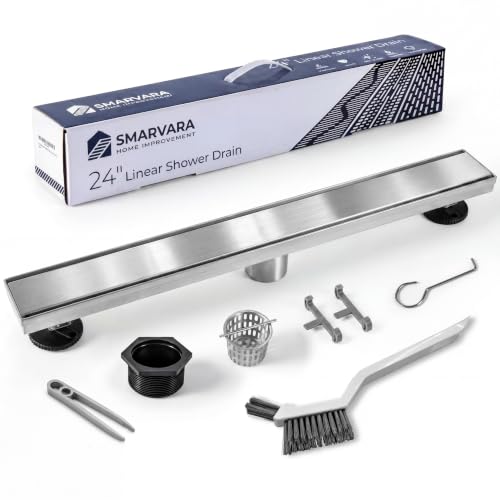 Linear Shower Drain 24 inch with 2-in-1 Flat & Tile Insert Cover - Brushed 304 Stainless Steel Shower Floor Drain - Linear Drain with Reversible Cover & Hair Catcher - Includes Cleaning Tools