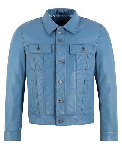 Veste camionneur en cuir grainé bleu ciel homme boutonnée style western