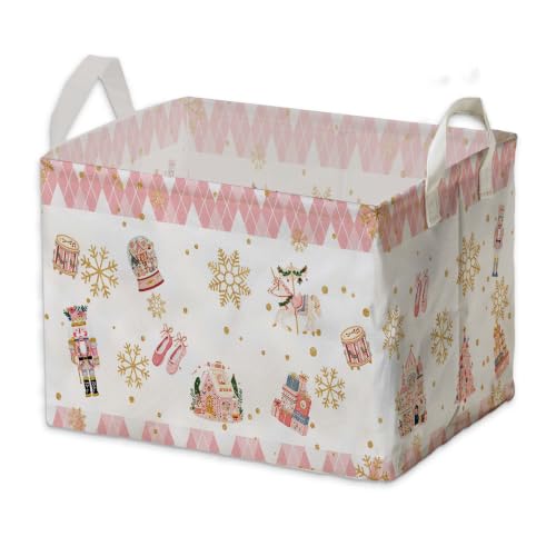 Image of Pink Christmas Nutcracker Storage Baskets, Empty Christmas Gift Baskets, Pastel Nutcracker Home Decorations, Large Square Waterproof Laundry Hamper Coating, Foldable Toy & Clothes Bins for Bedroom