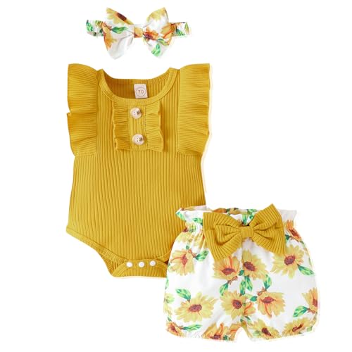 Image of LUNFEGO Newborn Baby Girl Clothes Outfits Ruffle Romper and Short Pant Sets with Headband Infant Bodysuits