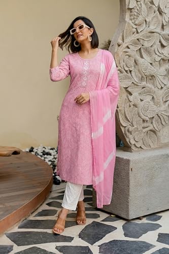 Image of MIRCHI FASHION Women's Straight Fit Pure Cotton Embellished Floral Printed Kurta Set with Dupatta and Trouser