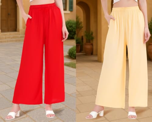 Image of Buy That Trendz Palazzo Pants for Women Rayon Elasticated Regular Fit Flared Wide Leg M to 6XL Pack of 2