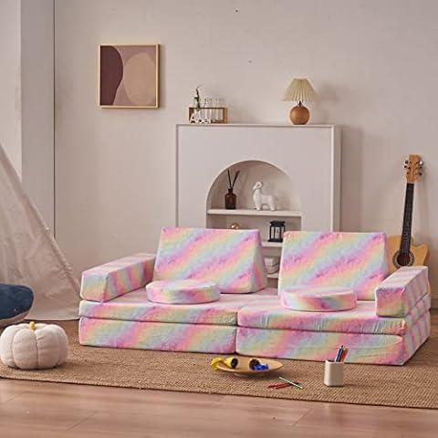 jela Kids Couch Extended Size 10PCS with futons, Floor Couch Floor Sofa Modular Furniture for Kids and Adults, Modular Foam Play Couch, Modular Sectional Sofa （Rainbow） Cover