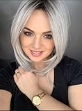 Ombre Grey Bob Short Wigs for Women Straight Layered Synthetic Wig with Bangs