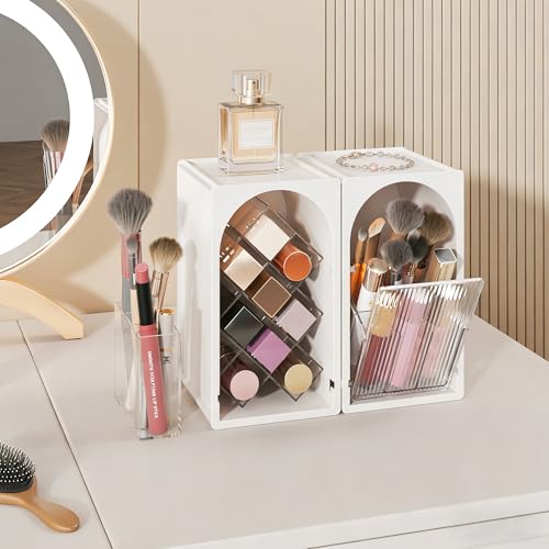 FOLLOWIN Compact Makeup Organizer for Vanity,Lipstick Holder with Grid & Makeup Brush Organizer with Flip Drawer,Cosmetic Organizer Set for Cosmetics,Brushes,Lipsticks,Milk White & Clear — view 2