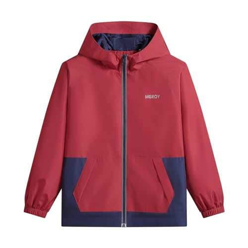 BuyiRen Boys Girls Waterproof Jacket Rain Jackets Hooded Raincoat Lightweight Mesh Lined Rain Coats for Kids, Red, 7-8 Years