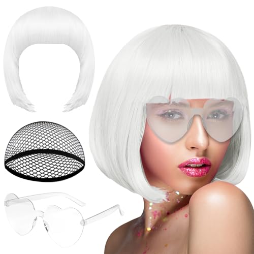 PLULON White Bob Wig and Sunglass Set Neon Short Bob Wig Sunglass Pack Costume Colorful Cosplay Wig Hairpieces for Bachelorette Neon Party Favors Halloween Decorations