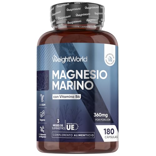Magnesio Marino con Vitamina B6 360mg - 180 Cápsulas de Magnesio Complex de Agua de Mar - Apto para Veganos, Sin Gluten y Sin OGM