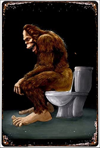 Bigfoot Sitting On Toilet Funny Retro Metal Tin Sign, Vintage Bathroom Toilet Decoration Metal Poster Plaque for Home Bar Restaurant Cafe Wall Decor 12x16 Inch