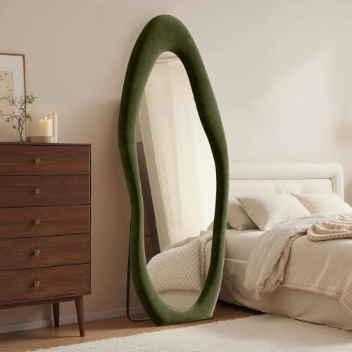 Image of The Artment Fluid Reflection Unbreakable Full-Length Asymmetrical Shape Mirror with Plush Green Velvet Frame, Floor-Standing or wall-Leaning Design for Bedroom, Dressing Area & Home (160 X 60 CM)