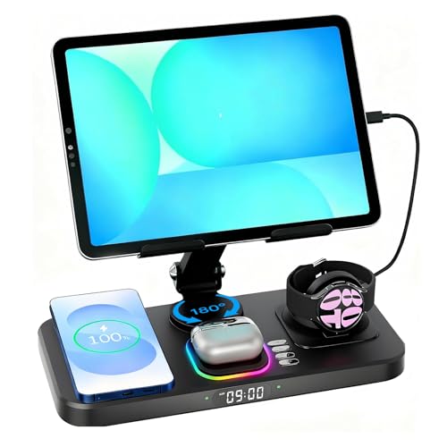 30W Tablet Wireless Charger for Samsung, Foldable Android Charging Station with Clock Display with 7-Color Light, Wireless Watch Charger for S25, Only Compatible Samsung Watch, Galaxy Buds3 Pro(Black