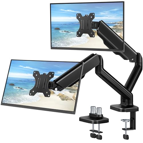 Image of monTEK Dual Monitor Arm for 17-32 inch Flat /Curved Screen up to 19.8 lbs | Mechanical Spring, Full Motion Dual Monitor Mount, Height Adjustable, Alloy Steel, Easy Assembly, Clamp /Grommet, VESA 75 /100