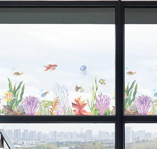 Image of Underwater Dreams Glass Decal 3 ft x 1.6 ft, Vibrant Marine Life Design for Glass & Laminated Surfaces, Peel-and-Stick
