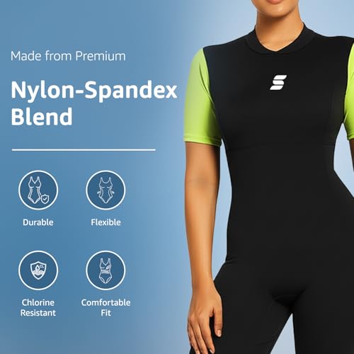 Image of Amazon Brand - Symactive Women's Colourblocked Padded One-Piece Swimsuit | Nylon-Spandex Bodysuit /Legsuit | Quick-Dry | Black & Neon Green - M