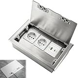 Bodeneinbau Steckdosenkasten, 16A 4000W Edelstahl-Bodensteckdose Set mit 2 AC Steckdosen & 1 USB-A & 1 USB-C, AC250V Einbausteckdose Versenkbar für Büroräume, Hotels, Schulen