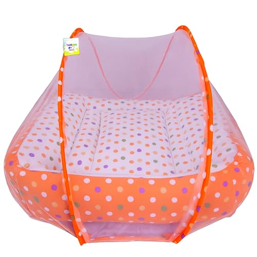 Image of Toddylon Flat Bed Baby Bed Bedding Set for New Born Baby | Bed Mattress | Mosquito Net | Cotton | Travel Bed | Essentials | Toddlers | Infants | Baby Boy Girl (0-12 Months) Orange