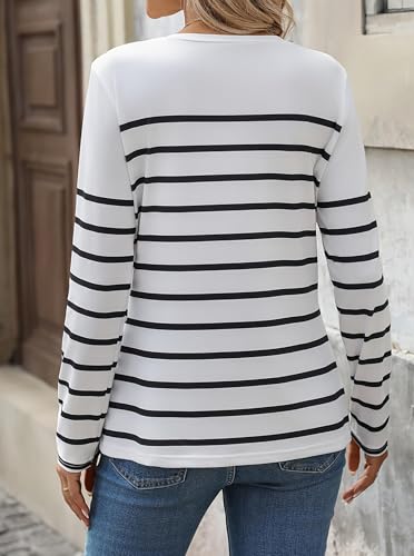 LilyCoco Womens Striped Shirts Button Boat Neck Long Sleeve T Shirt2