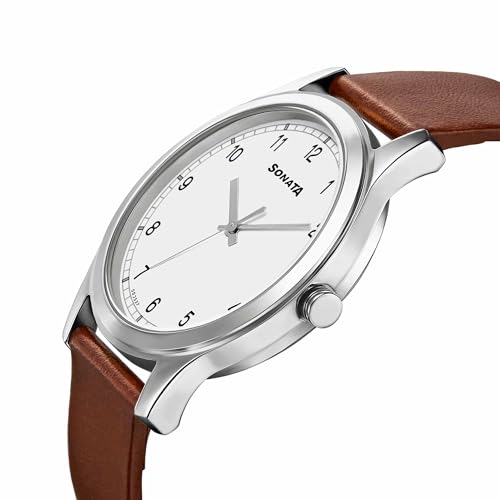 Sonata Quartz Analog White Dial Brown Leather Strap Watch for Men - NT7135SL03 - Image 4